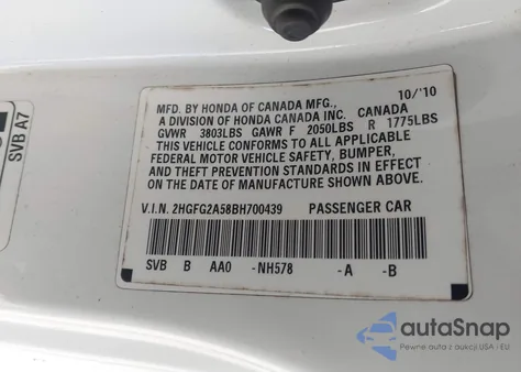 2011 Honda Civic Si from USA, damaged, VIN 2HGFG2A58BH700439